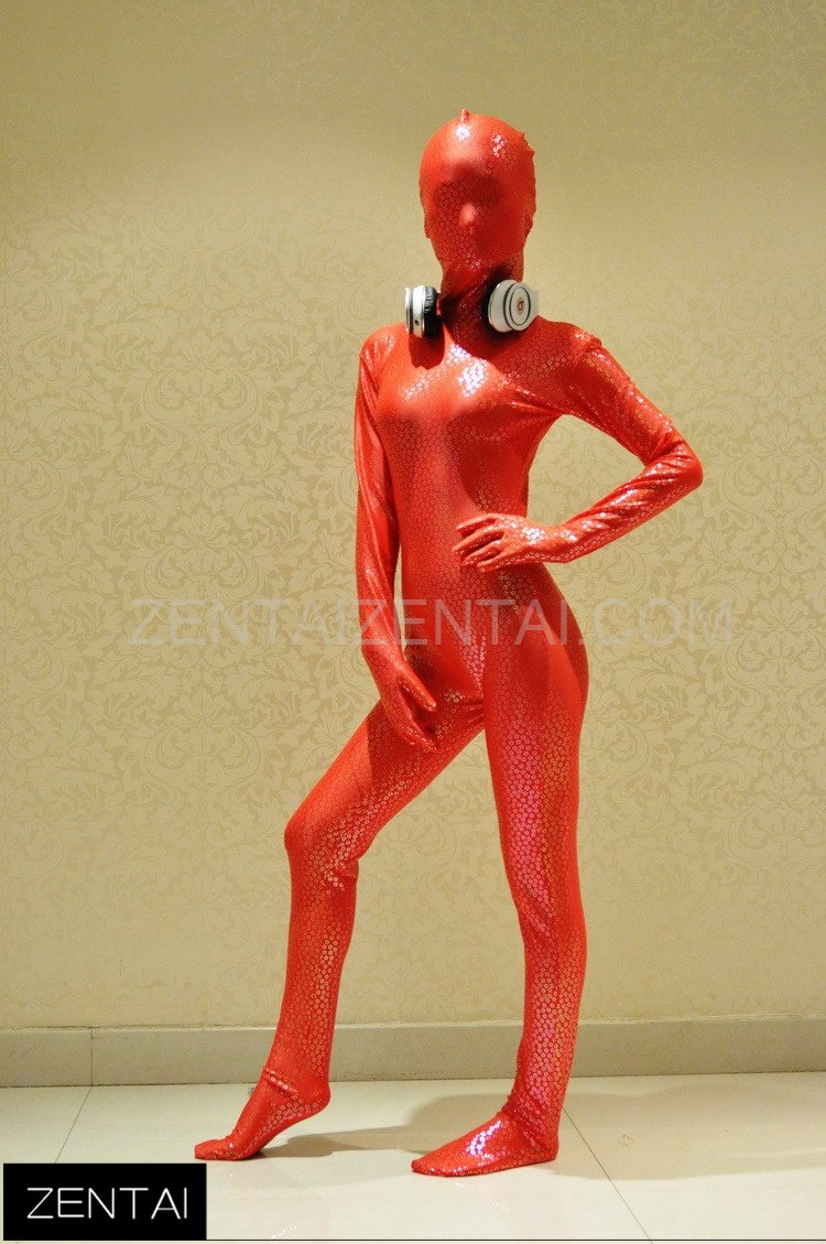 Red and Gold Flake Coating Fullbody Tights Morph Zentai Suit.
