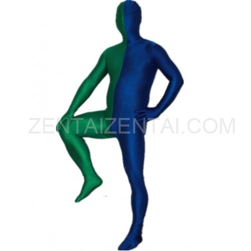 Royal Blue And Green Fullbody Full Body Lycra Spandex Morph Zentai Suits Split Morph Zentai Suit